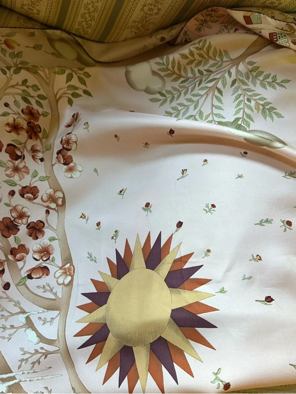 Longchamp Silk Scarf with Sunburst and Floral Motif in Cream, Gold, Brown, Green - Picture 1 of 3